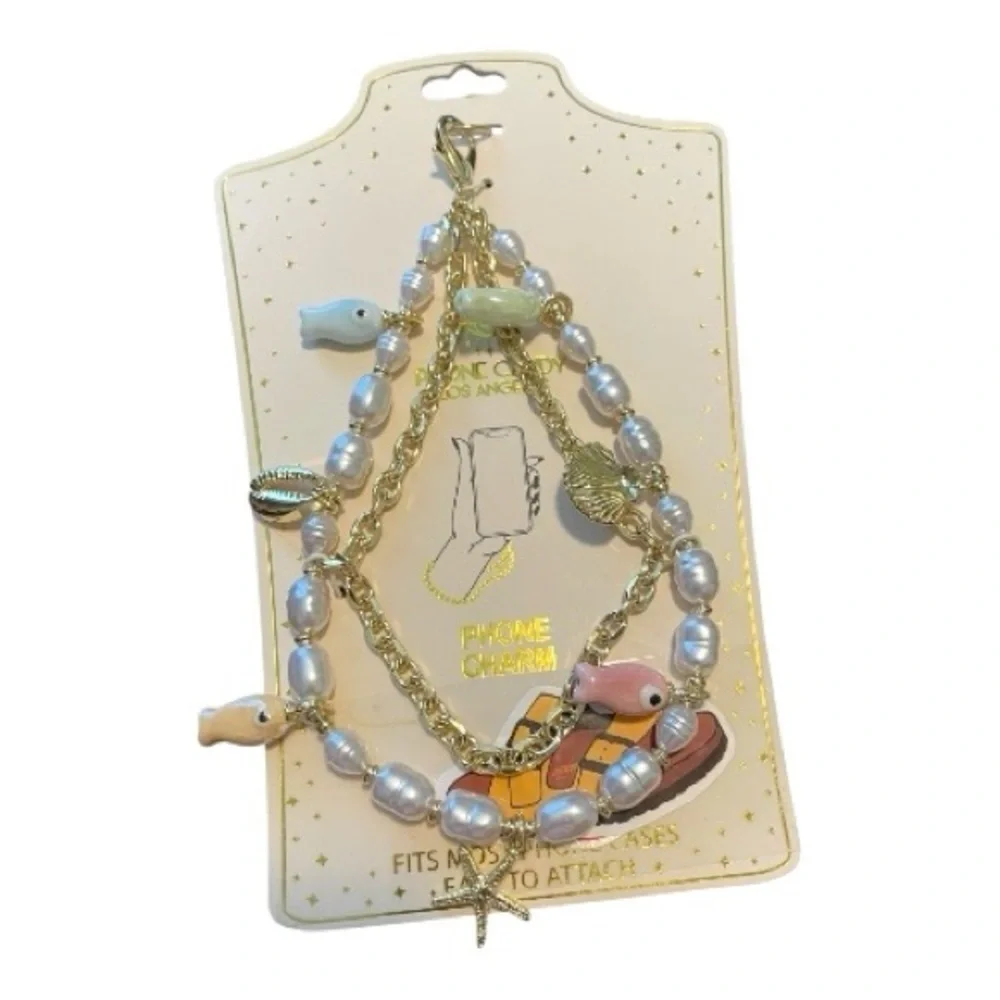 Eye Candy Los Angeles Gold and Pearl Phone Charm, Fish, Shells & Starfish, NWT